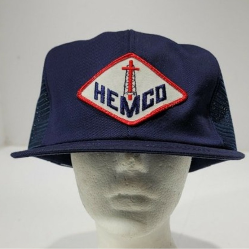 Vintage HEMCO Navy Blue Snapback Mesh Logo Patch Hat Cap Oilfield Engines
